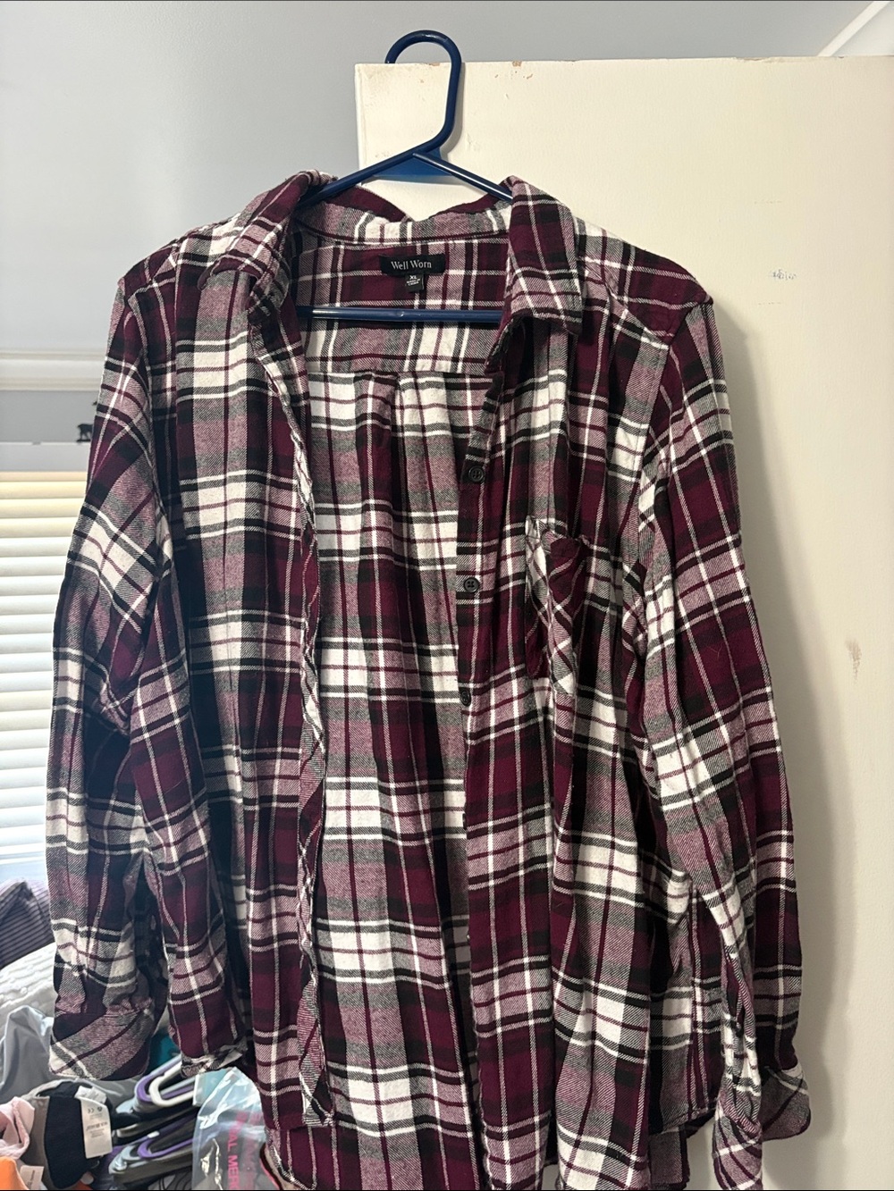 Well Worn women’s  Maroon and White Plaid Button-Down Shirt